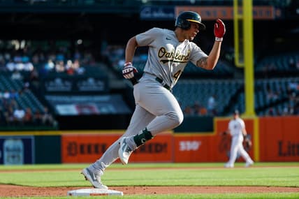 Oakland Athletics first baseman Ryan Noda (49) runs by third base after hitting 2-run homer against the Detroit Tigers during the first inning at Comerica Park in Detroit on Wednesday, July 5, 2023.