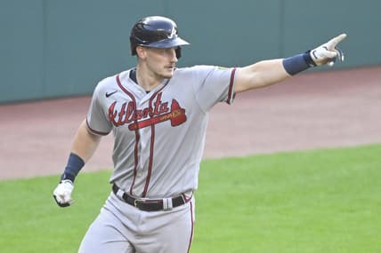 Jul 5, 2023; Cleveland, Ohio, USA; Atlanta Braves catcher Sean Murphy (12) celebrates his solo home run in the third inning against the Cleveland Guardians at Progressive Field. Mandatory Credit: David Richard-USA TODAY Sports