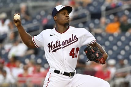 Jul 5, 2023; Washington, District of Columbia, USA; Washington Nationals starting pitcher Josiah Gray (40) throws to the Cincinnati Reds during the third inning at Nationals Park. Mandatory Credit: Brad Mills-USA TODAY Sports