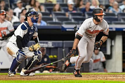 Jul 5, 2023; Bronx, New York, USA; Baltimore Orioles left fielder Colton Cowser (17) hits a RBI single against the New York Yankees during the sixth inning at Yankee Stadium. Mandatory Credit: John Jones-USA TODAY Sports