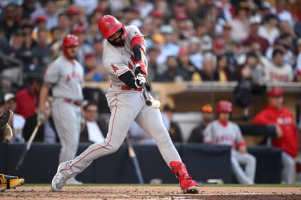 Jul 5, 2023; San Diego, California, USA; Los Angeles Angels left fielder Jo Adell (7) hits an RBI double against the San Diego Padres during the third inning at Petco Park. Mandatory Credit: Orlando Ramirez-USA TODAY Sports