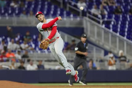 Jul 5, 2023; Miami, Florida, USA; St. Louis Cardinals third baseman Nolan Arenado (28) throws the baseball to first baseman Paul Goldschmidt (not pictured) and retires Miami Marlins center fielder Dane Myers (not pictured) during the seventh inning at loanDepot Park. Mandatory Credit: Sam Navarro-USA TODAY Sports