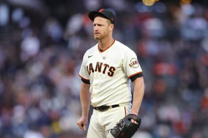 Jul 5, 2023; San Francisco, California, USA; San Francisco Giants starting pitcher Alex Cobb (38) reacts after getting called for a balk during the sixth inning against the Seattle Mariners at Oracle Park. Mandatory Credit: Sergio Estrada-USA TODAY Sports