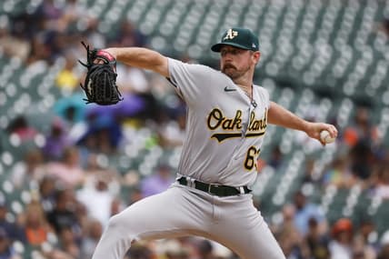 Jul 6, 2023; Detroit, Michigan, USA;  Oakland Athletics relief pitcher Hogan Harris (63) pitches in the first inning against the Detroit Tigers at Comerica Park. Mandatory Credit: Rick Osentoski-USA TODAY Sports