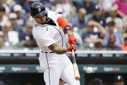 Jul 6, 2023; Detroit, Michigan, USA;  Detroit Tigers shortstop Javier Baez (28) hits a double in the fifth inning against the Oakland Athletics at Comerica Park. Mandatory Credit: Rick Osentoski-USA TODAY Sports