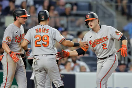 Jul 6, 2023; Bronx, New York, USA; Baltimore Orioles shortstop Gunnar Henderson (2) celebrates his three-run home against the New York Yankees with second baseman Jordan Westburg (11) and third baseman Ramon Urias (29) during the fourth inning at Yankee Stadium. Mandatory Credit: Brad Penner-USA TODAY Sports