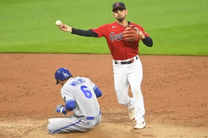 Jul 6, 2023; Cleveland, Ohio, USA; Cleveland Guardians second baseman Andres Gimenez (0) throws to second base against Kansas City Royals designated hitter Drew Waters (6) on a fielder   s choice in the second inning at Progressive Field. Mandatory Credit: David Richard-USA TODAY Sports