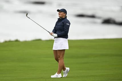 Jul 7, 2023; Pebble Beach, California, USA; Bailey Tardy watches her shot on the tenth hole during the second round of the U.S. Women's Open golf tournament at Pebble Beach Golf Links. Mandatory Credit: Kelvin Kuo-USA TODAY Sports
