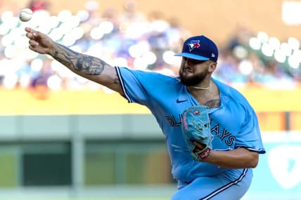 Jul 7, 2023; Detroit, Michigan, USA; Toronto Blue Jays starting pitcher Alek Mahoah (6) throws in the first inning against the Detroit Tigers at Comerica Park. Mandatory Credit: David Reginek-USA TODAY Sports