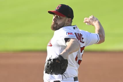 Jul 7, 2023; Cleveland, Ohio, USA; Cleveland Guardians starting pitcher Aaron Civale (43) delivers a pitch in the first inning against the Kansas City Royals at Progressive Field. Mandatory Credit: David Richard-USA TODAY Sports