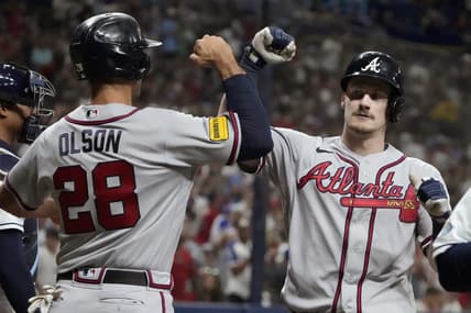 Jul 7, 2023; St. Petersburg, Florida, USA; Atlanta Braves catcher Sean Murphy (12) is congratulated by first baseman Matt Olson (28) after hitting a two run home run against the Tampa Bay Rays during the fourth inning at Tropicana Field. Mandatory Credit: Dave Nelson-USA TODAY Sports