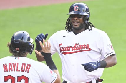 Jul 7, 2023; Cleveland, Ohio, USA; Cleveland Guardians designated hitter Josh Bell (55) celebrates his two-run home run with first baseman Josh Naylor (22) in the fourth inning against the Kansas City Royals at Progressive Field. Mandatory Credit: David Richard-USA TODAY Sports