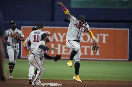 Jul 7, 2023; St. Petersburg, Florida, USA; The Atlanta Braves celebrate after defeating the Tampa Bay Rays at Tropicana Field. Mandatory Credit: Dave Nelson-USA TODAY Sports