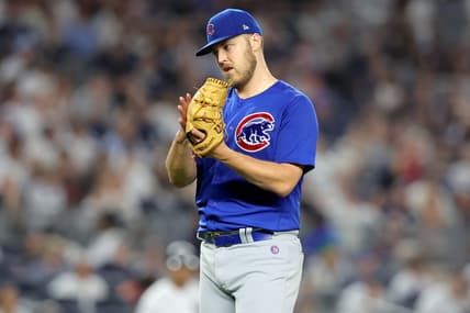 Jul 7, 2023; Bronx, New York, USA; Chicago Cubs starting pitcher Jameson Taillon (50) reacts after pitching the eighth inning against the New York Yankees at Yankee Stadium. Mandatory Credit: Brad Penner-USA TODAY Sports