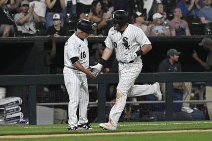 Jul 7, 2023; Chicago, Illinois, USA; Chicago White Sox third baseman Jake Burger (30) high fives Chicago White Sox third base coach Eddie Rodriguez (18)  after he hits a home run against the St. Louis Cardinals during the fifth inning at Guaranteed Rate Field. Mandatory Credit: Matt Marton-USA TODAY Sports