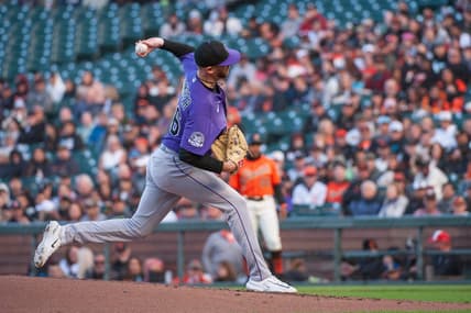 Jul 7, 2023; San Francisco, California, USA; Colorado Rockies starting pitcher Austin Gomber (26) throws a pitch during the first inning against the San Francisco Giants at Oracle Park. Mandatory Credit: Ed Szczepanski-USA TODAY Sports