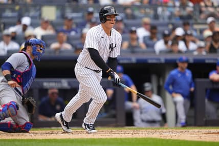 Jul 8, 2023; Bronx, New York, USA; New York Yankees first baseman Anthony Rizzo (48) reacts after hitting a single against the Chicago Cubs during the third inning at Yankee Stadium. Mandatory Credit: Gregory Fisher-USA TODAY Sports