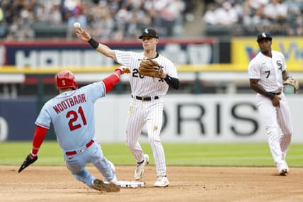 Jul 8, 2023; Chicago, Illinois, USA; Chicago White Sox shortstop Zach Remillard (28) forces out St. Louis Cardinals center fielder Lars Nootbaar (21) at second base during the third inning at Guaranteed Rate Field. Mandatory Credit: Kamil Krzaczynski-USA TODAY Sports