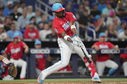 Jul 8, 2023; Miami, Florida, USA; Miami Marlins right fielder Jorge Soler (12) hits a home run against the Philadelphia Phillies in the first inning at loanDepot Park. Mandatory Credit: Jim Rassol-USA TODAY Sports