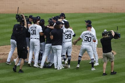 Jul 8, 2023; Detroit, Michigan, USA;  Detroit Tigers celebrate after defeating the Toronto Blue Jays with a combined no hitter at Comerica Park. Three Tigers pitches combined to pitch a no-hitter. Mandatory Credit: Rick Osentoski-USA TODAY Sports