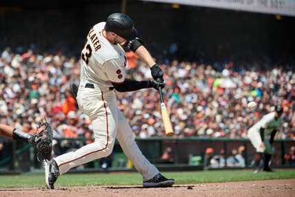 Jul 8, 2023; San Francisco, California, USA; San Francisco Giants outfielder Austin Slater (13) hits a two run home run against the Colorado Rockies during the fifth inning at Oracle Park. Mandatory Credit: Robert Edwards-USA TODAY Sports