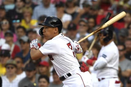 Jul 8, 2023; Boston, Massachusetts, USA;  Boston Red Sox left fielder Masataka Yoshida (7) hits an RBI single during the fifth inning against the Oakland Athletics at Fenway Park. Mandatory Credit: Bob DeChiara-USA TODAY Sports