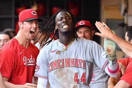 Jul 8, 2023; Milwaukee, Wisconsin, USA; Cincinnati Reds shortstop Elly De La Cruz (44) celebrates in the dugout after scoring a run against the Milwaukee Brewers in the seventh inning at American Family Field. Mandatory Credit: Michael McLoone-USA TODAY Sports