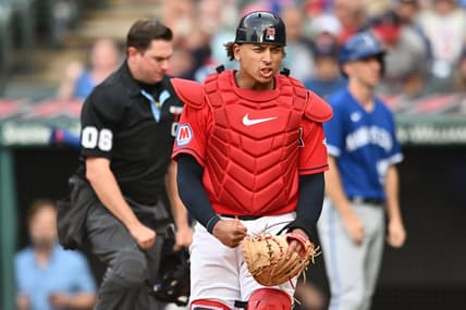 Jul 8, 2023; Cleveland, Ohio, USA; Cleveland Guardians catcher Bo Naylor (23) reacts after tagging out Kansas City Royals second baseman Nicky Lopez (not pictured) during the eighth inning at Progressive Field. Mandatory Credit: Ken Blaze-USA TODAY Sports