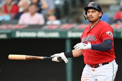 Jul 8, 2023; Cleveland, Ohio, USA; Cleveland Guardians designated hitter Josh Naylor (22) hits an RBI double during the eighth inning against the Kansas City Royals at Progressive Field. Mandatory Credit: Ken Blaze-USA TODAY Sports