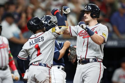 Jul 8, 2023; St. Petersburg, Florida, USA; Atlanta Braves catcher Sean Murphy (12) celebrates with second baseman Ozzie Albies (1) after hitting a three run home run against the Tampa Bay Rays in the fourth inning at Tropicana Field. Mandatory Credit: Nathan Ray Seebeck-USA TODAY Sports