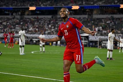 Jul 8, 2023; Arlington, Texas, USA; Panama forward Ismael Diaz (11) celebrates after he scores his third goal against Qatar during the second half at AT&T Stadium. Mandatory Credit: Jerome Miron-USA TODAY Sports