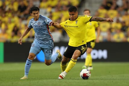 Jul 8, 2023; Columbus, Ohio, USA; New York City forward Richard Ledezma (20) fights for the ball against Columbus Crew SC forward Cucho Hernandez (9) during the first half  at Lower.com Field. Mandatory Credit: Joseph Maiorana-USA TODAY Sports