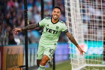 Jul 8, 2023; Saint Paul, Minnesota, USA; Austin FC forward Sebastian Driussi (10) celebrates his goal during the second half against Minnesota United at Allianz Field. Mandatory Credit: Brace Hemmelgarn-USA TODAY Sports