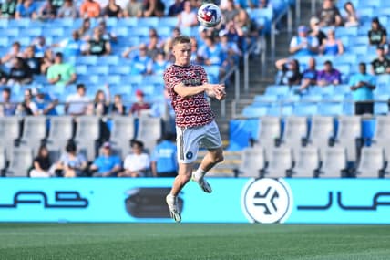 Jul 8, 2023; Charlotte, North Carolina, USA; Charlotte FC attacker Karol Swiderski (11) warming up and heading the ball before the match against FC Cincinnati at Bank of America Stadium. Mandatory Credit: Griffin Zetterberg-USA TODAY Sportsfc