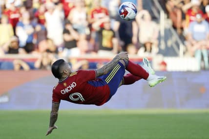Jul 8, 2023; Sandy, Utah, USA; Real Salt Lake forward Chicho Arango (9) looks to shoot against the Orlando City in the first half at America First Field. Mandatory Credit: Jeff Swinger-USA TODAY Sports