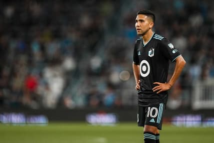 Jul 8, 2023; Saint Paul, Minnesota, USA; Minnesota United midfielder Emanuel Reynoso (10) looks on during the second half against Austin FC at Allianz Field. Mandatory Credit: Brace Hemmelgarn-USA TODAY Sports