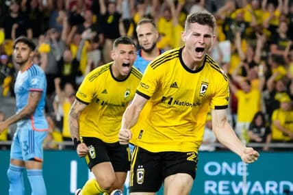 Jul 8, 2023; Columbus, Ohio, USA;  Columbus Crew midfielder Sean Zawadzki (25) reacts to scoring a goal during the second half of the MLS soccer match against the New York City FC at Lower.com Field. The Crew tied 1-1.