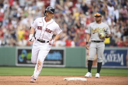 Jul 9, 2023; Boston, Massachusetts, USA;  Boston Red Sox designated hitter Masataka Yoshida (7) rounds the bases after hitting a home run during the eighth inning against the Oakland Athletics at Fenway Park. Mandatory Credit: Bob DeChiara-USA TODAY Sports