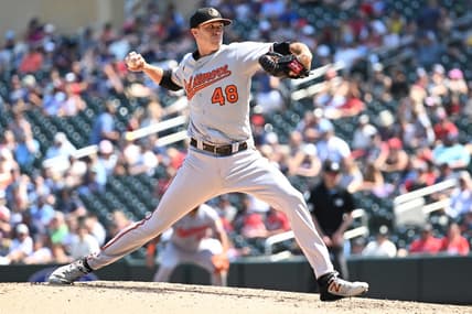 Jul 9, 2023; Minneapolis, Minnesota, USA; Baltimore Orioles starting pitcher Kyle Gibson (48) throws a pitch against the Minnesota Twins during the sixth inning at Target Field. Mandatory Credit: Jeffrey Becker-USA TODAY Sports