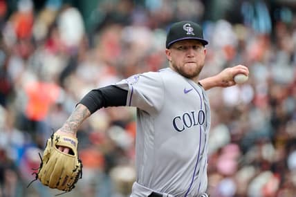 Jul 9, 2023; San Francisco, California, USA; Colorado Rockies starting pitcher Kyle Freeland (21) throws a pitch against the San Francisco Giants during the seventh inning at Oracle Park. Mandatory Credit: Robert Edwards-USA TODAY Sports