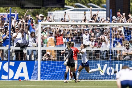 Jul 9, 2023; San Jose, California, USA;  United States of America forward Trinity Rodman (20) reacts after scoring a goal against Wales during the second half at PayPal Park. Mandatory Credit: John Hefti-USA TODAY Sports