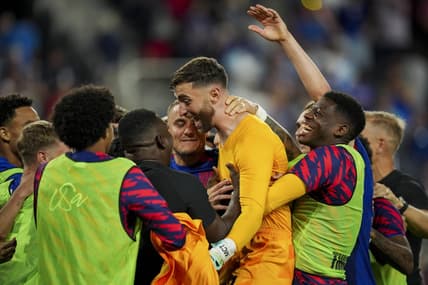 Jul 9, 2023; Cincinnati, Ohio, USA;  United States goalkeeper Matt Turner, middle, celebrates with teammates after defeating Canada in penalty kicks at TQL Stadium. Mandatory Credit: Aaron Doster-USA TODAY Sports