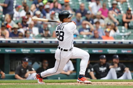 Jul 6, 2023; Detroit, Michigan, USA;  Detroit Tigers shortstop Javier Baez (28) hits a double in the fifth inning against the Oakland Athletics at Comerica Park. Mandatory Credit: Rick Osentoski-USA TODAY Sports