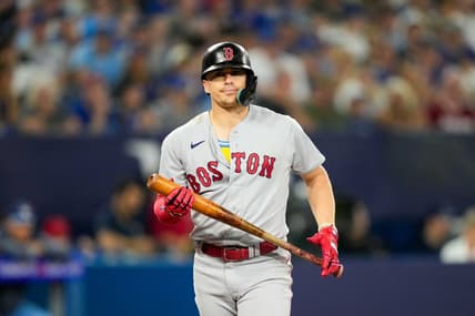 Jul 2, 2023; Toronto, Ontario, CAN; Boston Red Sox shortstop Enrique Hernandez (5) reacts to a striking out against the Toronto Blue Jays at Rogers Centre. Mandatory Credit: Kevin Sousa-USA TODAY Sports