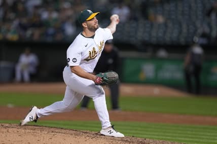 Jun 30, 2023; Oakland, California, USA; Oakland Athletics relief pitcher Sam Moll (60) throws a pitch against the Chicago White Sox during the eighth inning at Oakland-Alameda County Coliseum. Mandatory Credit: Darren Yamashita-USA TODAY Sports