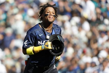 Jul 11, 2023; Seattle, Washington, USA; National League right fielder Ronald Acuna Jr. of the Atlanta Braves (13) reacts after flying out against the American League during the first inning of the 2023 MLB All Star Game at T-Mobile Park. Mandatory Credit: Joe Nicholson-USA TODAY Sports