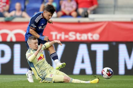 Jul 12, 2023; Harrison, New Jersey, USA; New York Red Bulls forward Cameron Harper (17) blocks a shot by FC Cincinnati midfielder Alvaro Barreal (31) during the first half at Red Bull Arena. Mandatory Credit: Brad Penner-USA TODAY Sports