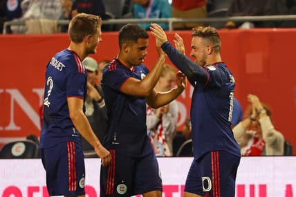 Jul 12, 2023; Chicago, Illinois, USA; Chicago Fire midfielder Xherdan Shaqiri (10) reacts after scoring a goal against the CF Montreal during the first half at Soldier Field. Mandatory Credit: Mike Dinovo-USA TODAY Sports