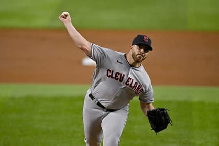 Jul 14, 2023; Arlington, Texas, USA; Cleveland Guardians starting pitcher Aaron Civale (43) pitches against the Texas Rangers during the first inning at Globe Life Field. Mandatory Credit: Jerome Miron-USA TODAY Sports