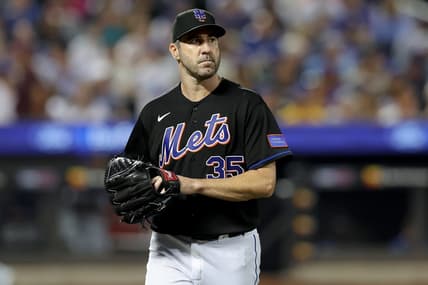 Jul 14, 2023; New York City, New York, USA; New York Mets starting pitcher Justin Verlander (35) reacts after giving up three runs to the Los Angeles Dodgers during the fifth inning at Citi Field. Mandatory Credit: Brad Penner-USA TODAY Sports